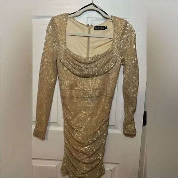Lavish Alice NWT Gold Ruched Sequin Long Sleeve Mini Dress Size 4 - Picture 4 of 8